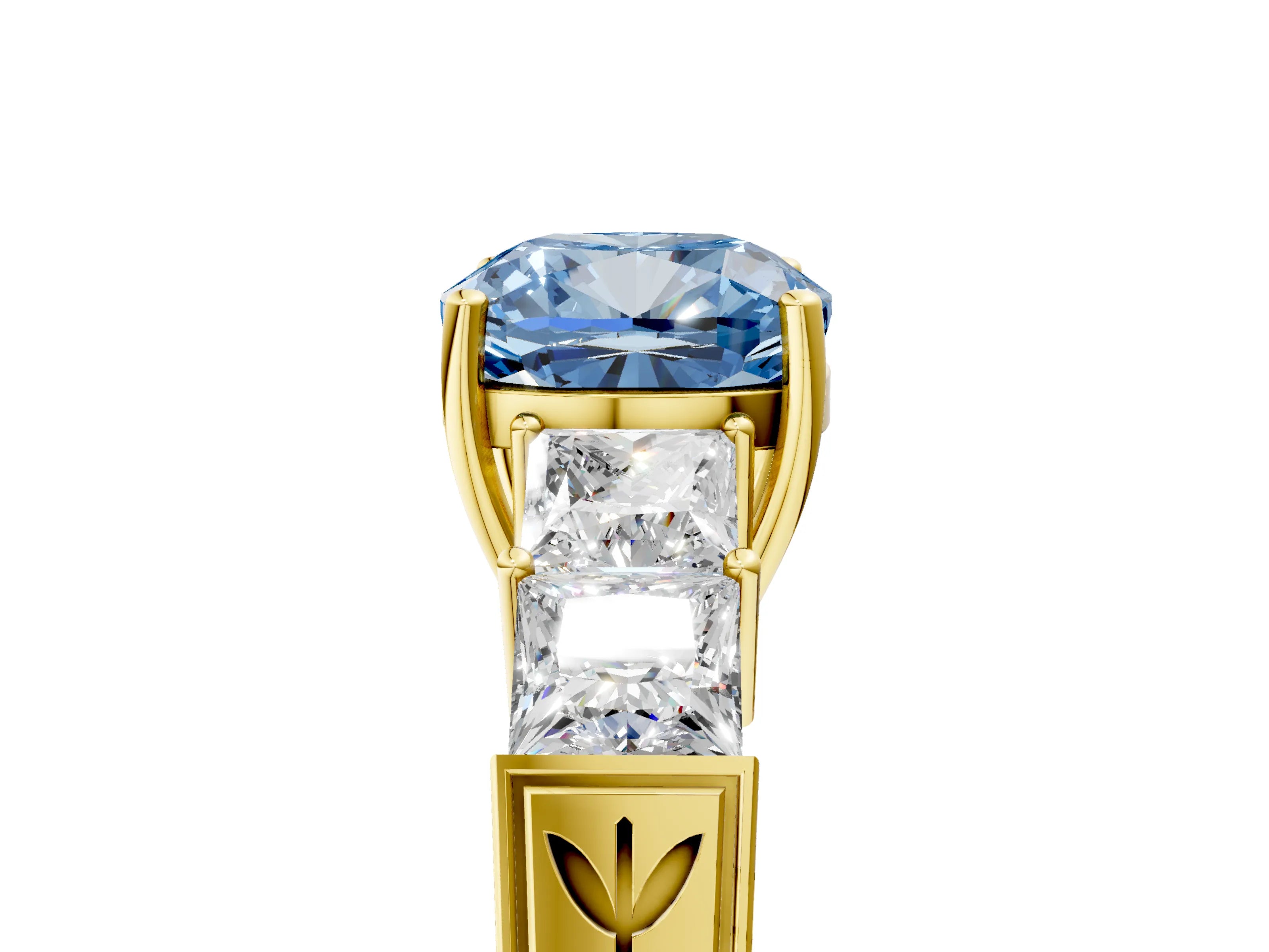 Yellow gold Fancy Blue Cushion Cut Solitaire Princess Side Stone Engraved Band Prong Setting Ring_5