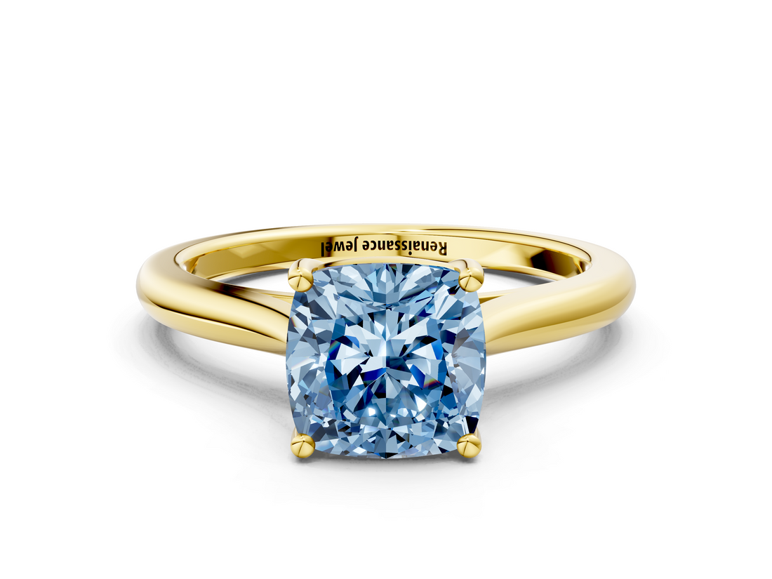 Yellow gold Fancy Blue Cushion  Cut Solitaire Ring with Cathedral Band and Four-Prong Setting_69