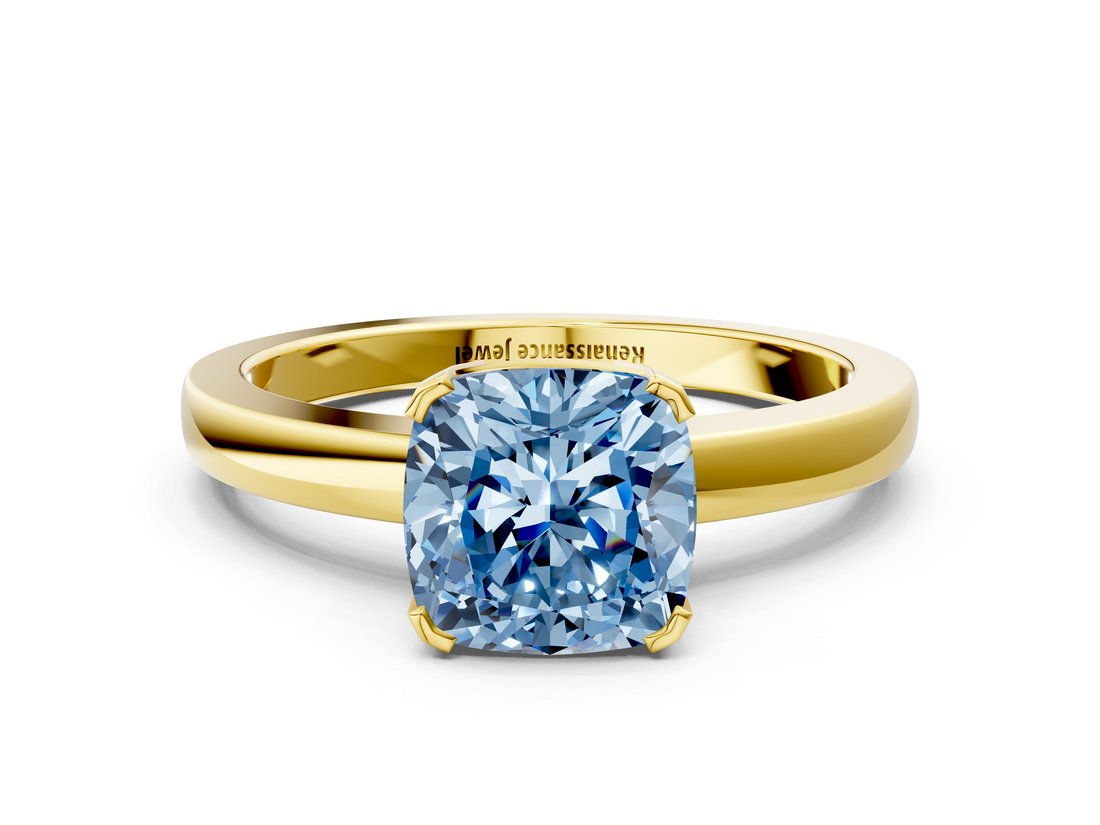 Yellow gold Fancy Blue Cushion  Cut Solitaire Ring with Four-Prong Setting and Classic Band_42