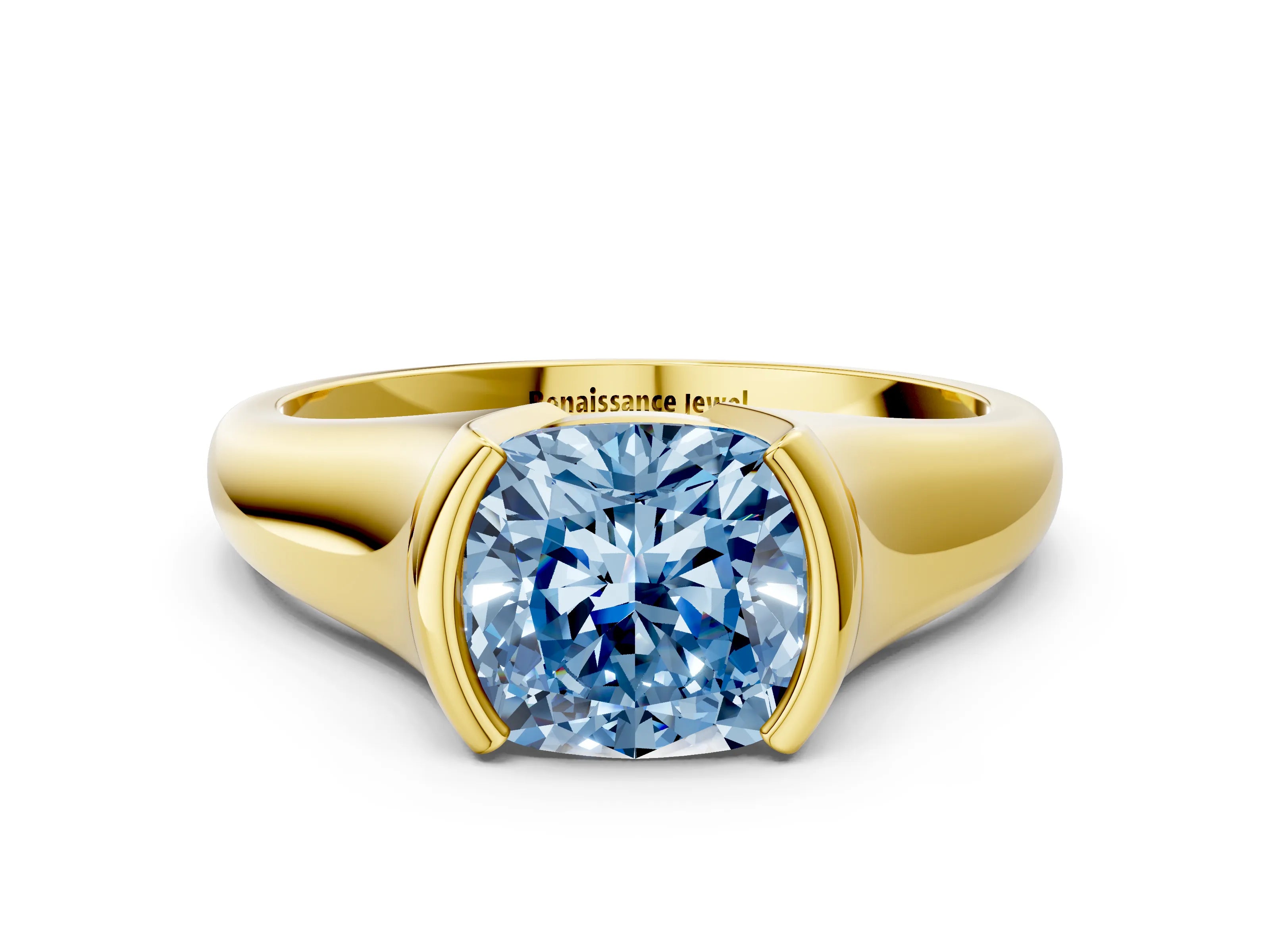 Yellow gold Fancy Blue Cushion Cut Solitaire Tension Set Diamond Ring with Split Shank Band