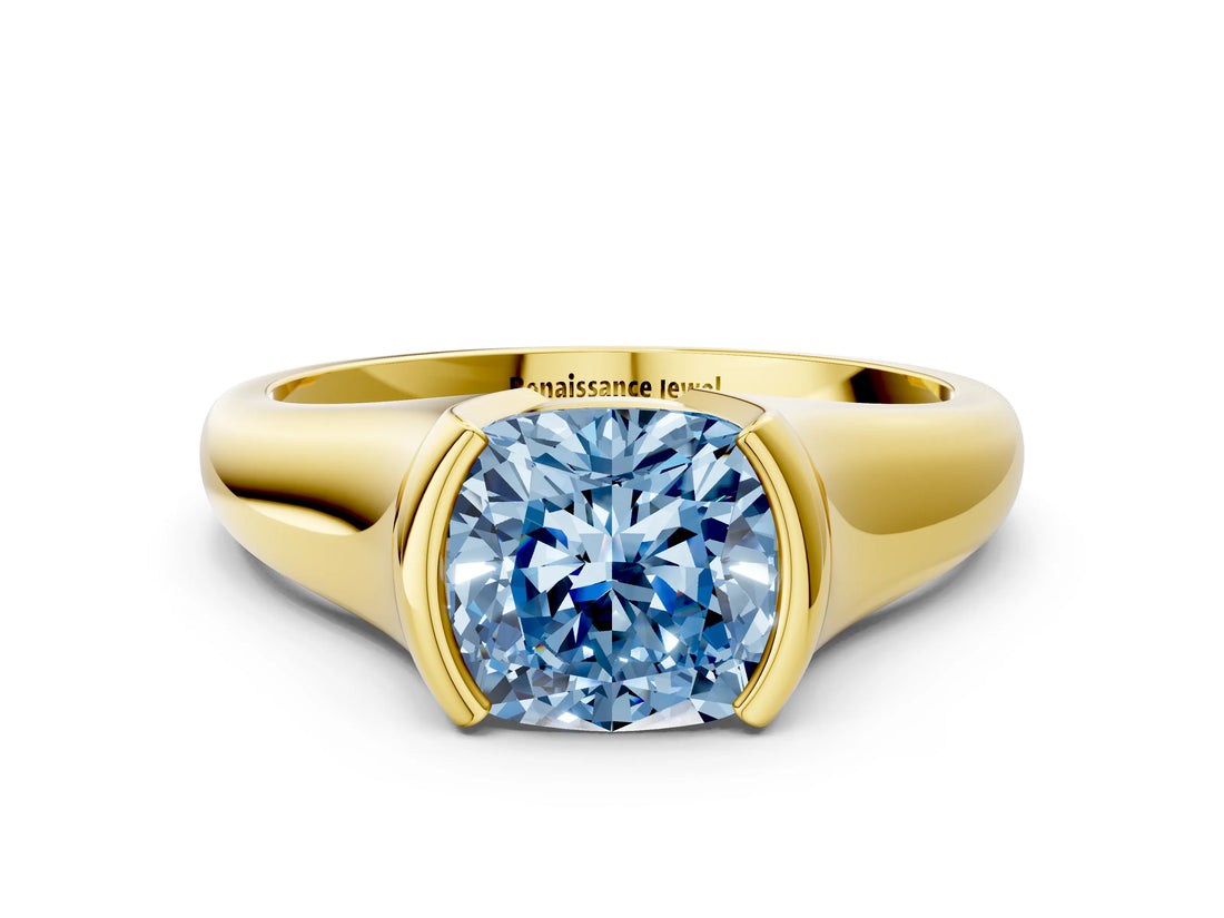 Yellow gold Fancy Blue Cushion Cut Solitaire Tension Set Diamond Ring with Split Shank Band