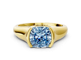 Yellow gold Fancy Blue Cushion Cut Solitaire Tension Set Diamond Ring with Split Shank Band