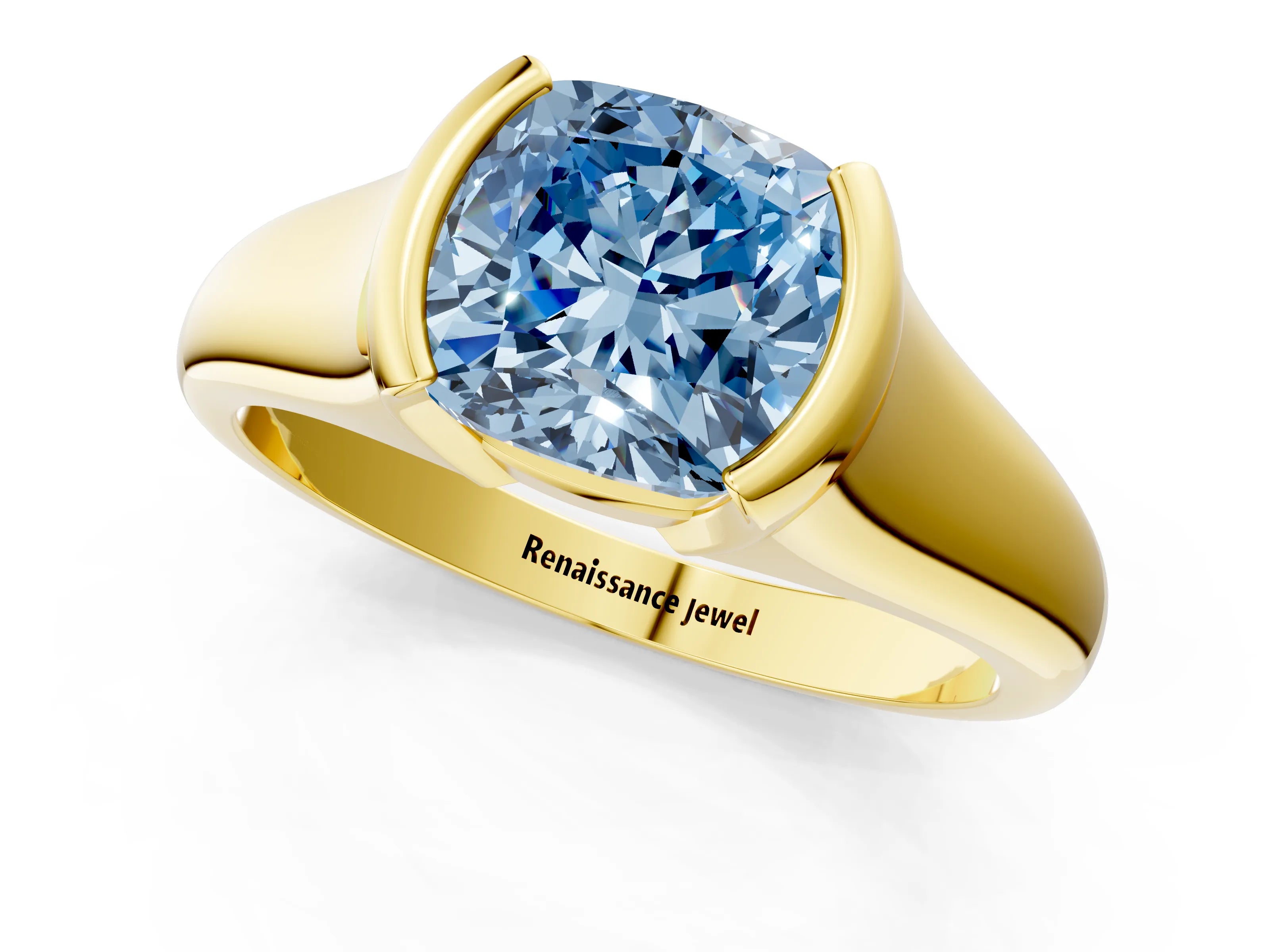 Yellow gold Fancy Blue Cushion Cut Solitaire Tension Set Diamond Ring with Split Shank Band_1
