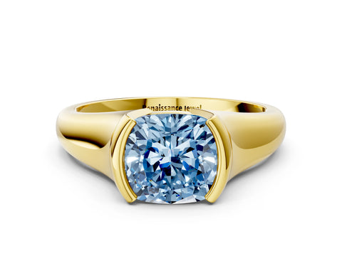 Yellow gold Fancy Blue Cushion Cut Solitaire Tension Set Diamond Ring with Split Shank Band