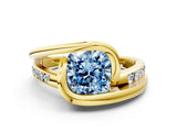 Yellow gold Fancy Blue Cushion Cut Solitaire Tension-Set Diamond Split Shank Ring