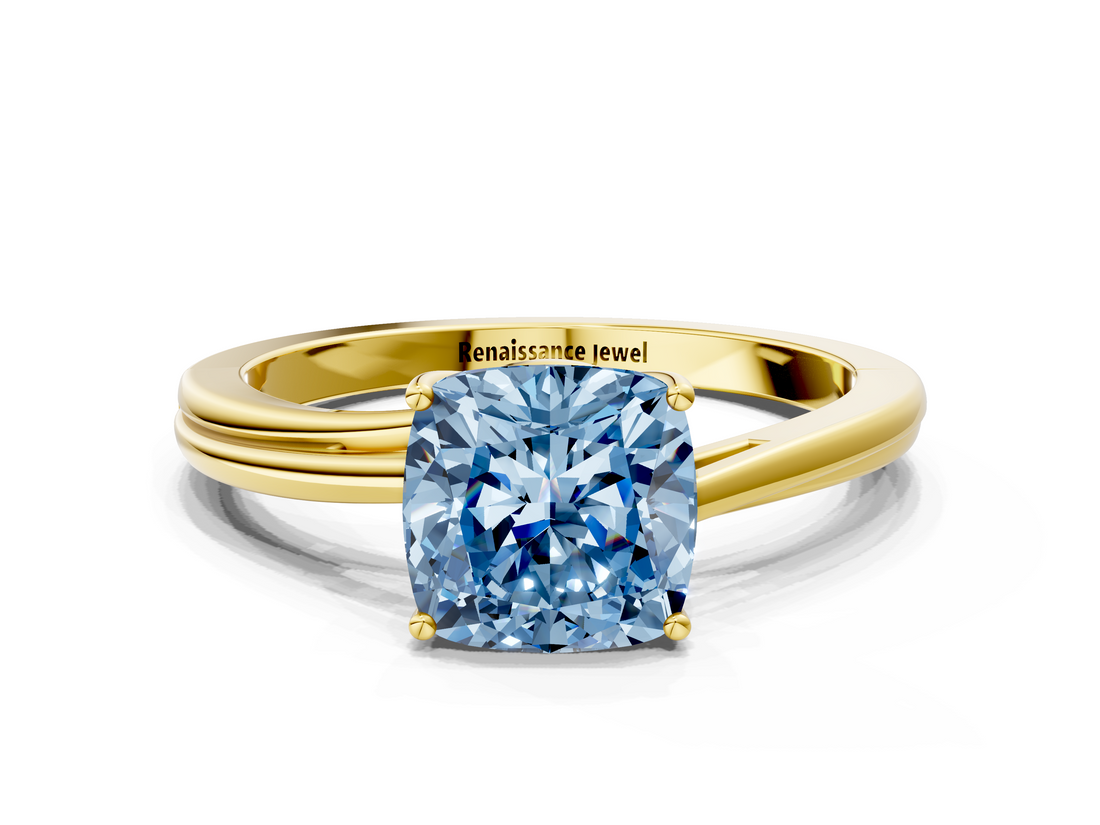 Yellow gold Fancy Blue Cushion  Cut Solitaire Twist Band Ring with Four-Prong Setting_20