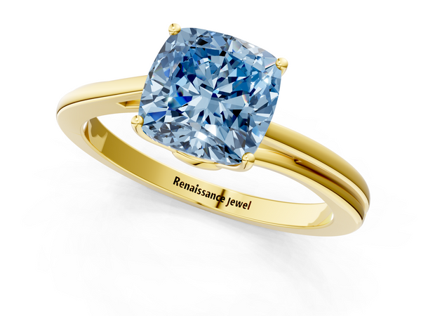 Yellow gold Fancy Blue Cushion  Cut Solitaire Twist Band Ring with Four-Prong Setting