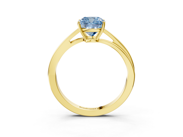 Yellow gold Fancy Blue Cushion  Cut Solitaire Twist Band Ring with Four-Prong Setting