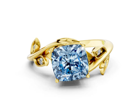 Yellow gold Fancy Blue Cushion Cut Solitaire Twist Engagement Ring with Leaf Accents and Prong Setting_12