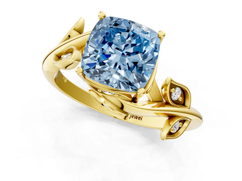 Yellow gold Fancy Blue Cushion Cut Solitaire Twist Engagement Ring with Leaf Accents and Prong Setting_13
