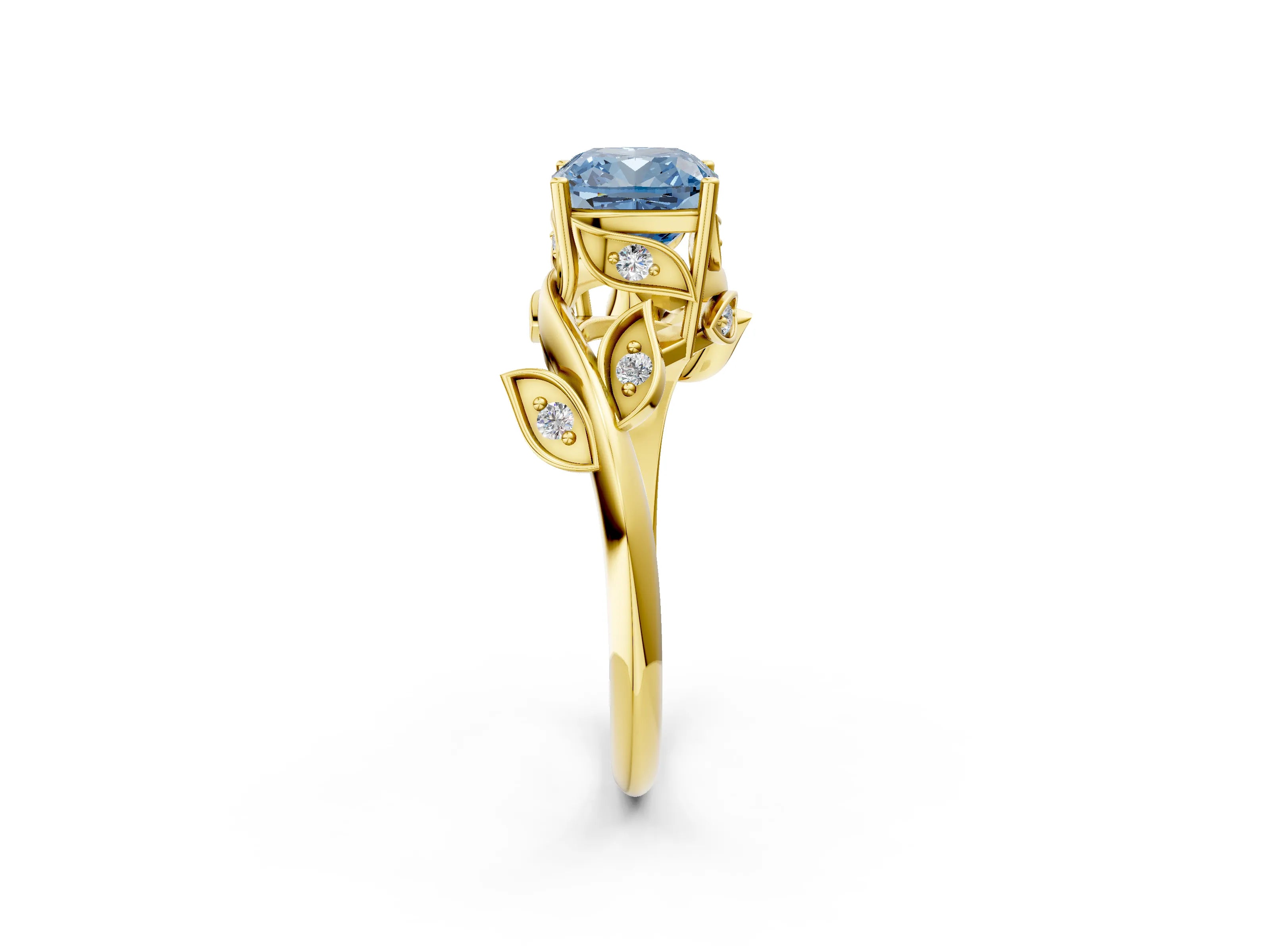 Yellow gold Fancy Blue Cushion Cut Solitaire Twist Engagement Ring with Leaf Accents and Prong Setting_14