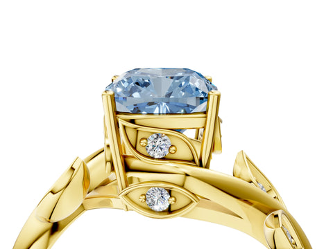 Yellow gold Fancy Blue Cushion Cut Solitaire Twist Engagement Ring with Leaf Accents and Prong Setting_16