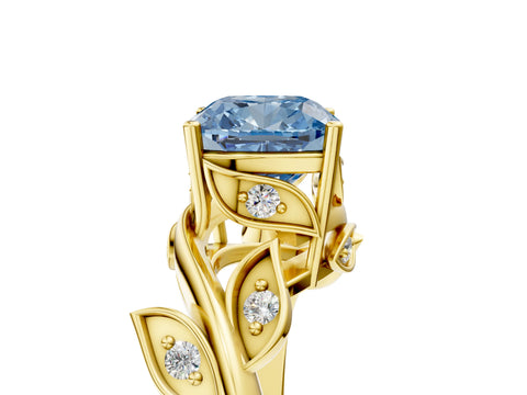 Yellow gold Fancy Blue Cushion Cut Solitaire Twist Engagement Ring with Leaf Accents and Prong Setting_17