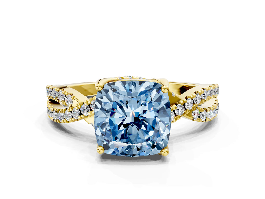 Yellow gold Fancy Blue Cushion Cut Solitaire Twist Pave Diamond Engagement Ring with Prong Setting