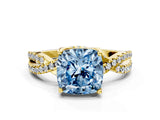 Yellow gold Fancy Blue Cushion Cut Solitaire Twist Pave Diamond Engagement Ring with Prong Setting