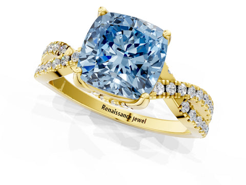 Yellow gold Fancy Blue Cushion Cut Solitaire Twist Pave Diamond Engagement Ring with Prong Setting_1