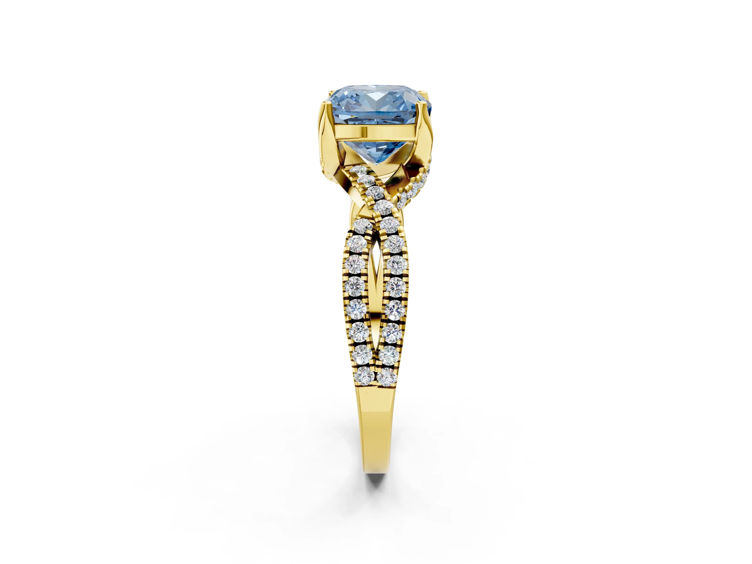 Yellow gold Fancy Blue Cushion Cut Solitaire Twist Pave Diamond Engagement Ring with Prong Setting_2