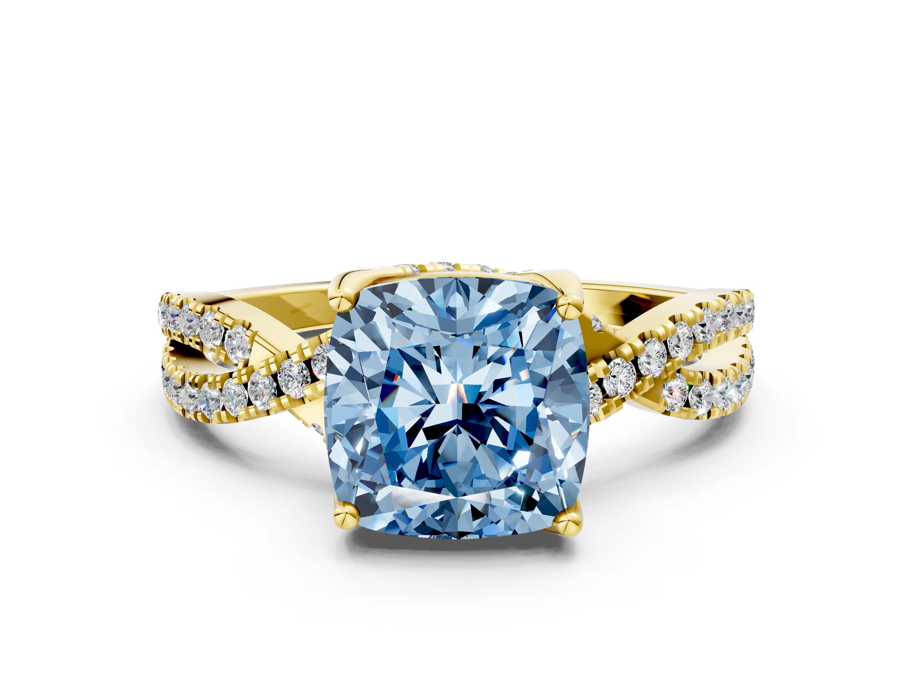 Yellow gold Fancy Blue Cushion Cut Solitaire Twist Pave Diamond Engagement Ring with Prong Setting_24