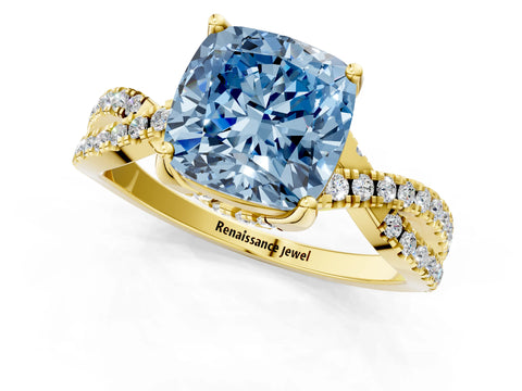 Yellow gold Fancy Blue Cushion Cut Solitaire Twist Pave Diamond Engagement Ring with Prong Setting_25