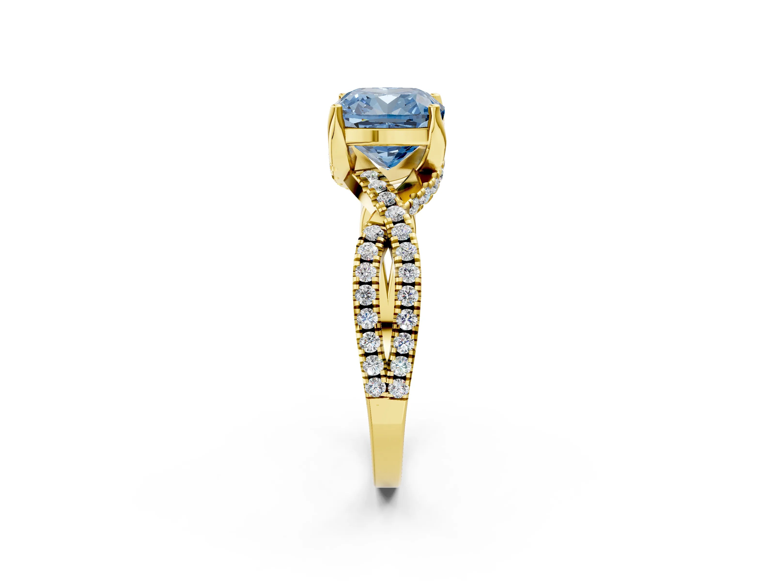 Yellow gold Fancy Blue Cushion Cut Solitaire Twist Pave Diamond Engagement Ring with Prong Setting_26