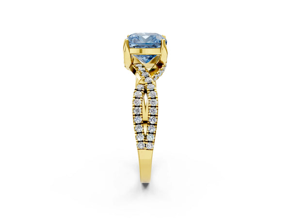 Yellow Gold Cushion Cut Twisted Split Shank Engagement Ring Setting for Fancy Blue Center