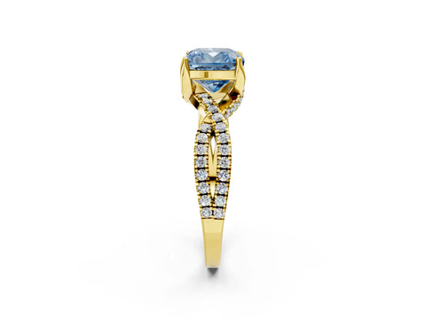 Yellow gold Fancy Blue Cushion Cut Solitaire Twist Pave Diamond Engagement Ring with Prong Setting_26