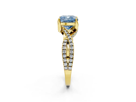 Yellow gold Fancy Blue Cushion Cut Solitaire Twist Pave Diamond Engagement Ring with Prong Setting_2