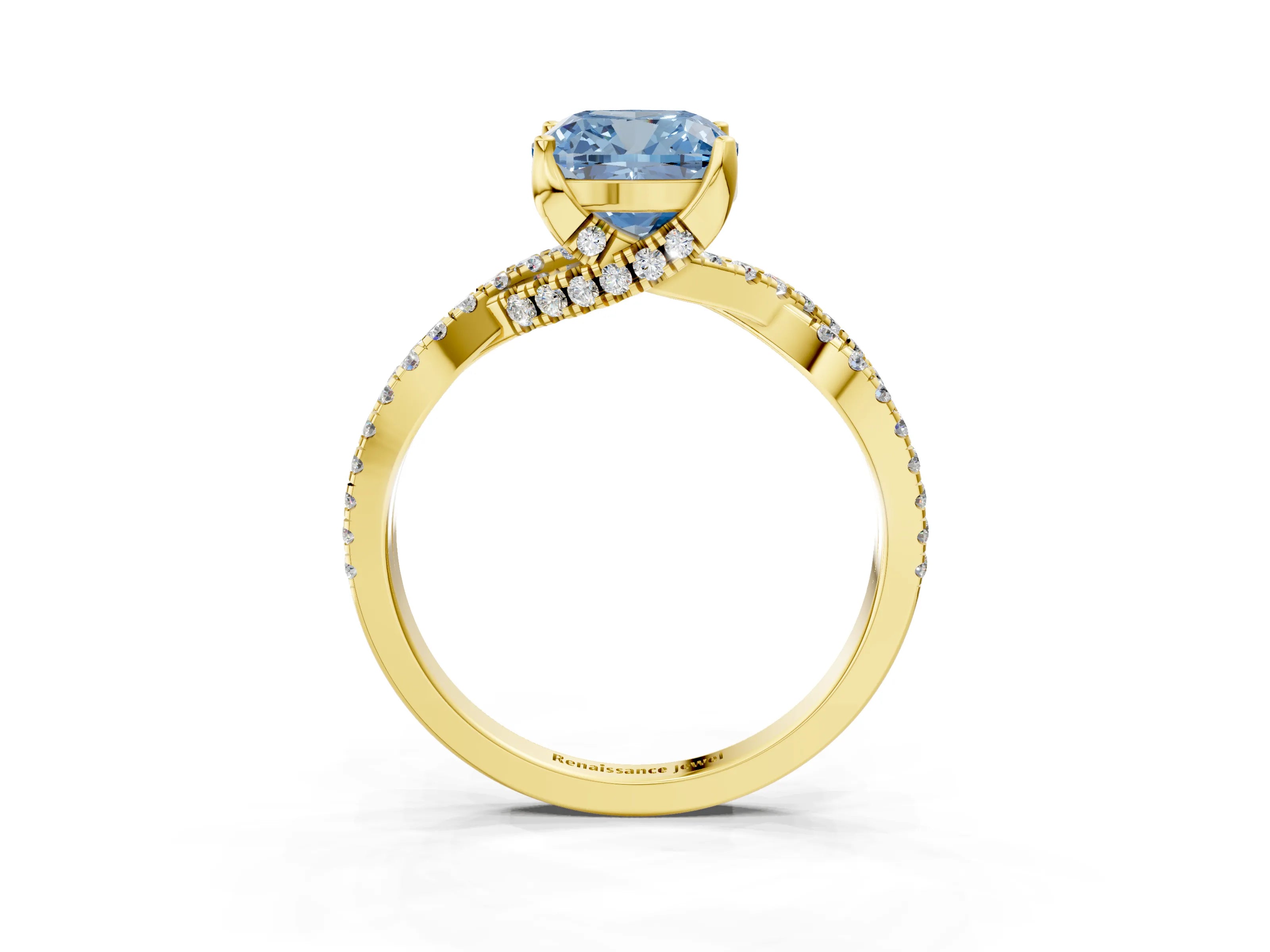 Yellow gold Fancy Blue Cushion Cut Solitaire Twist Pave Diamond Engagement Ring with Prong Setting_3