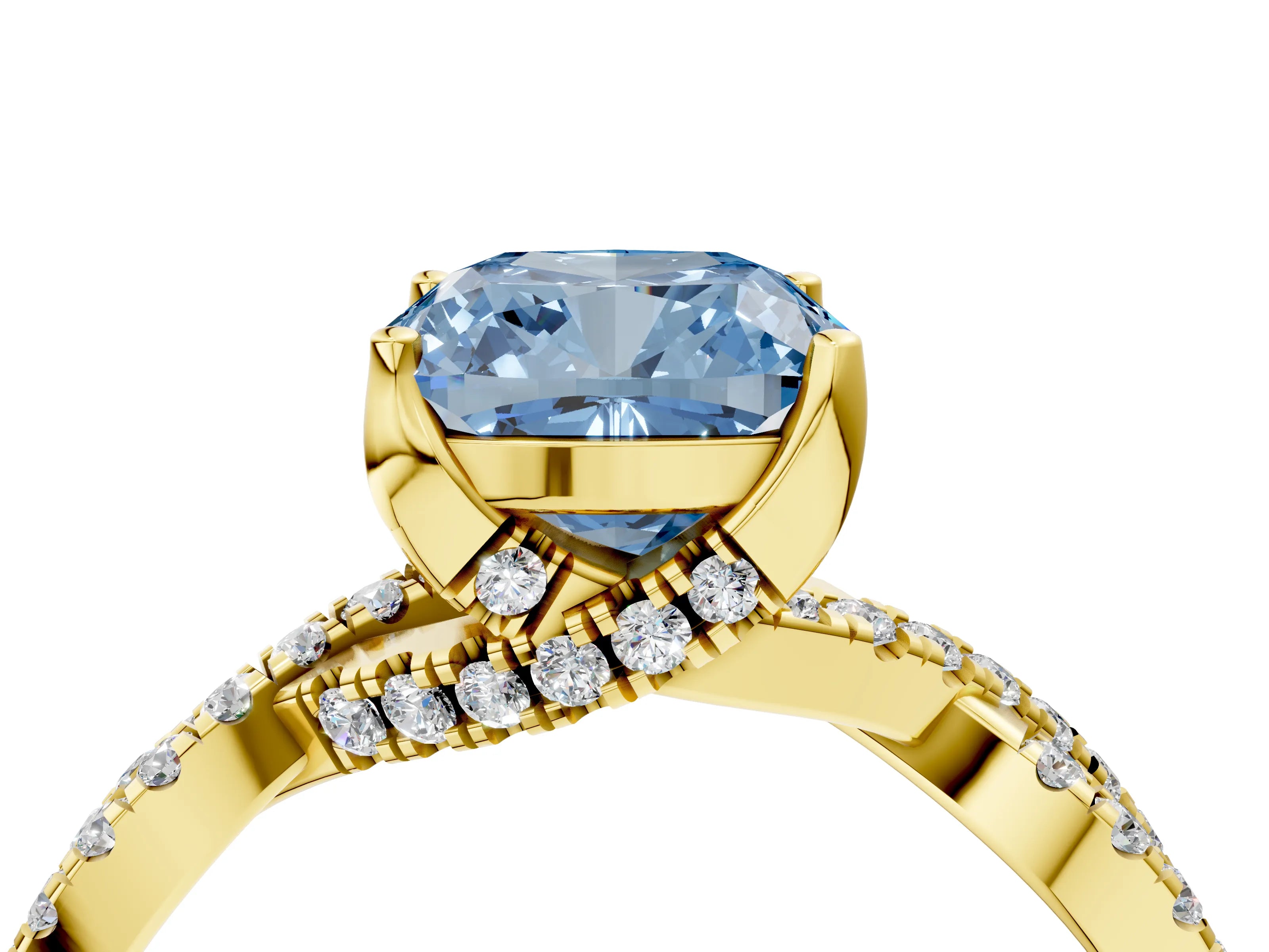 Yellow gold Fancy Blue Cushion Cut Solitaire Twist Pave Diamond Engagement Ring with Prong Setting_4