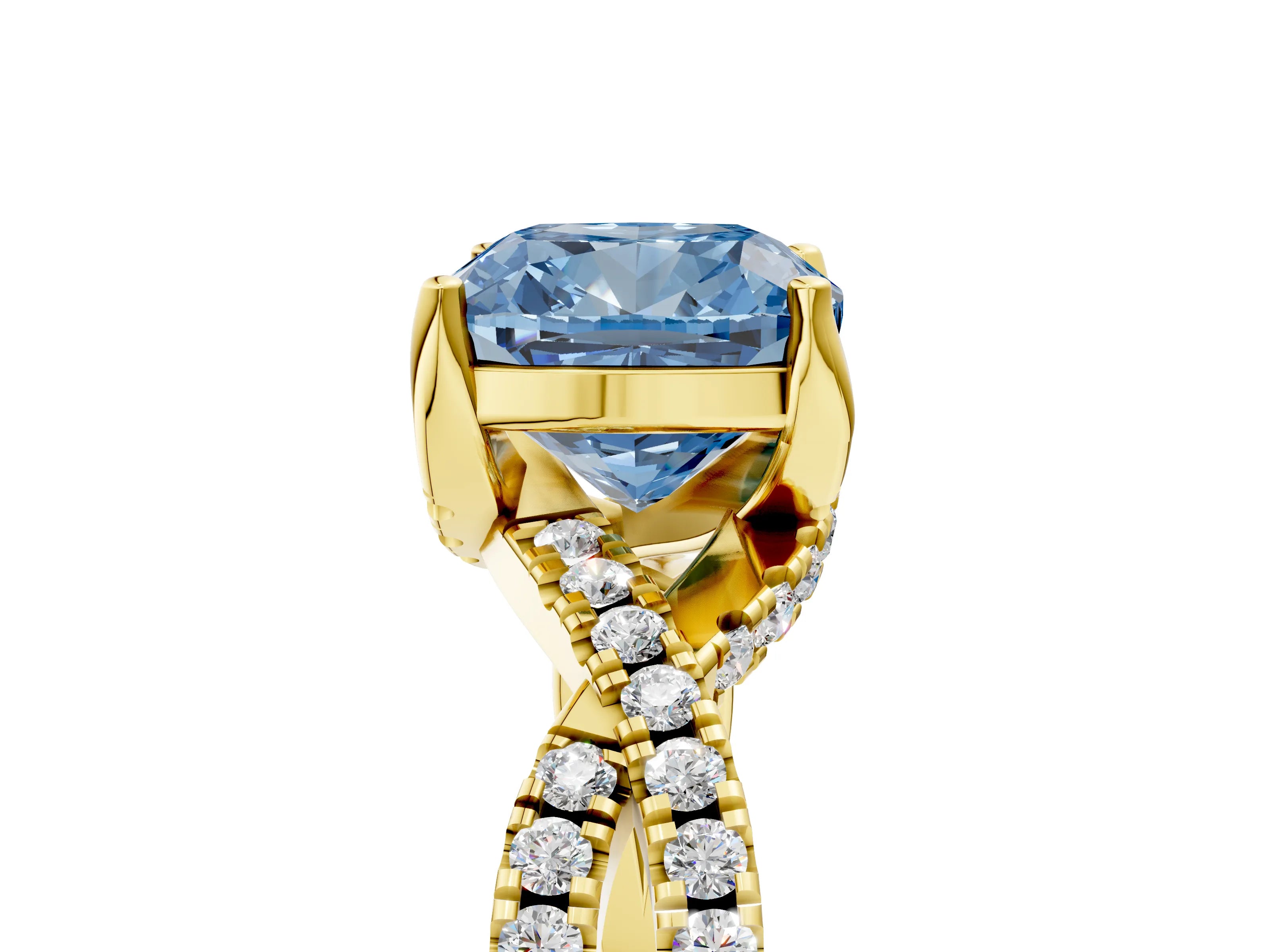 Yellow gold Fancy Blue Cushion Cut Solitaire Twist Pave Diamond Engagement Ring with Prong Setting_5