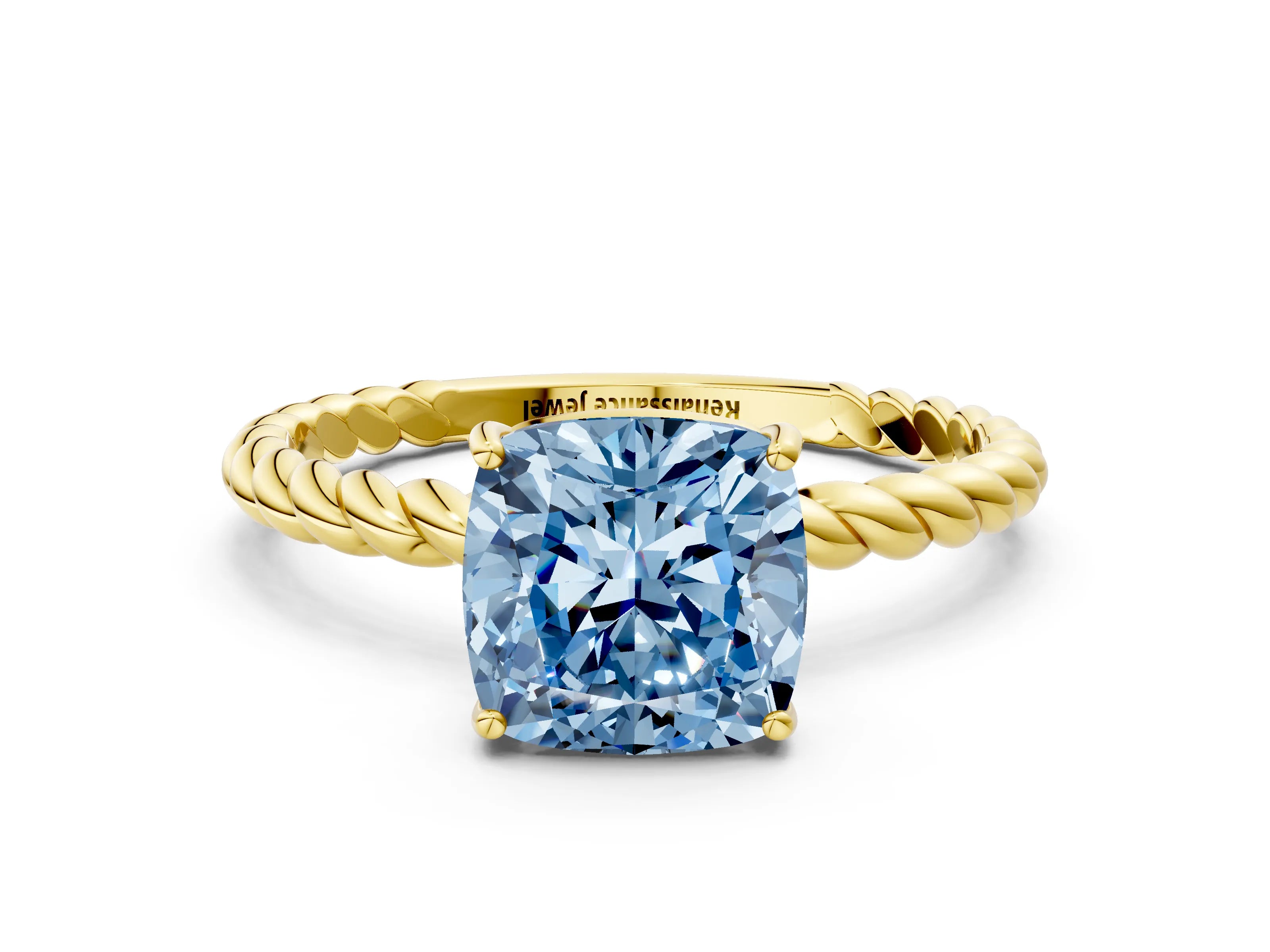 Yellow gold Fancy Blue Cushion Cut Solitaire Twisted Band 4-Prong Ring