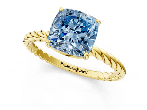 Yellow gold Fancy Blue Cushion Cut Solitaire Twisted Band 4-Prong Ring_1