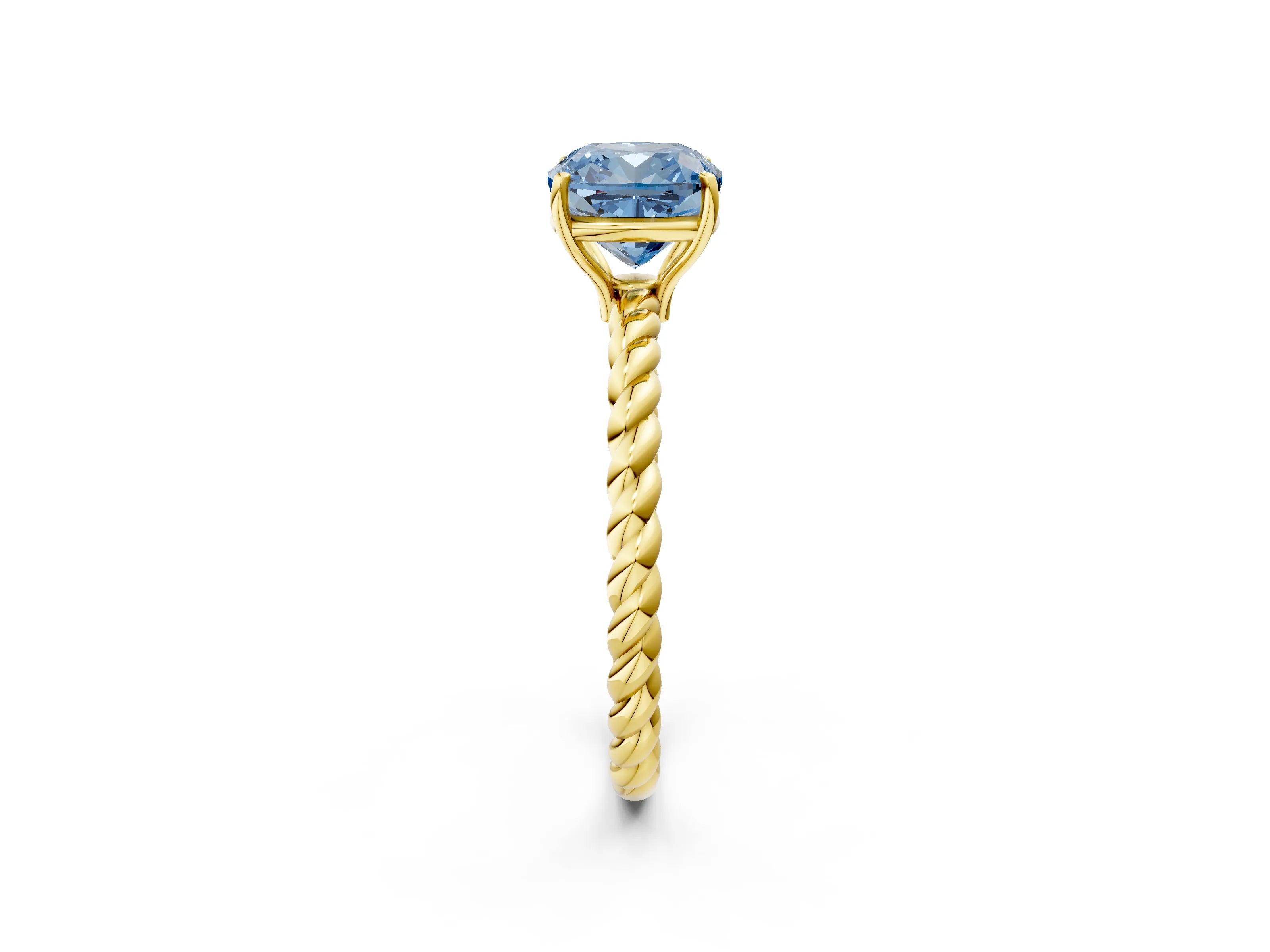 Yellow gold Fancy Blue Cushion Cut Solitaire Twisted Band 4-Prong Ring_2