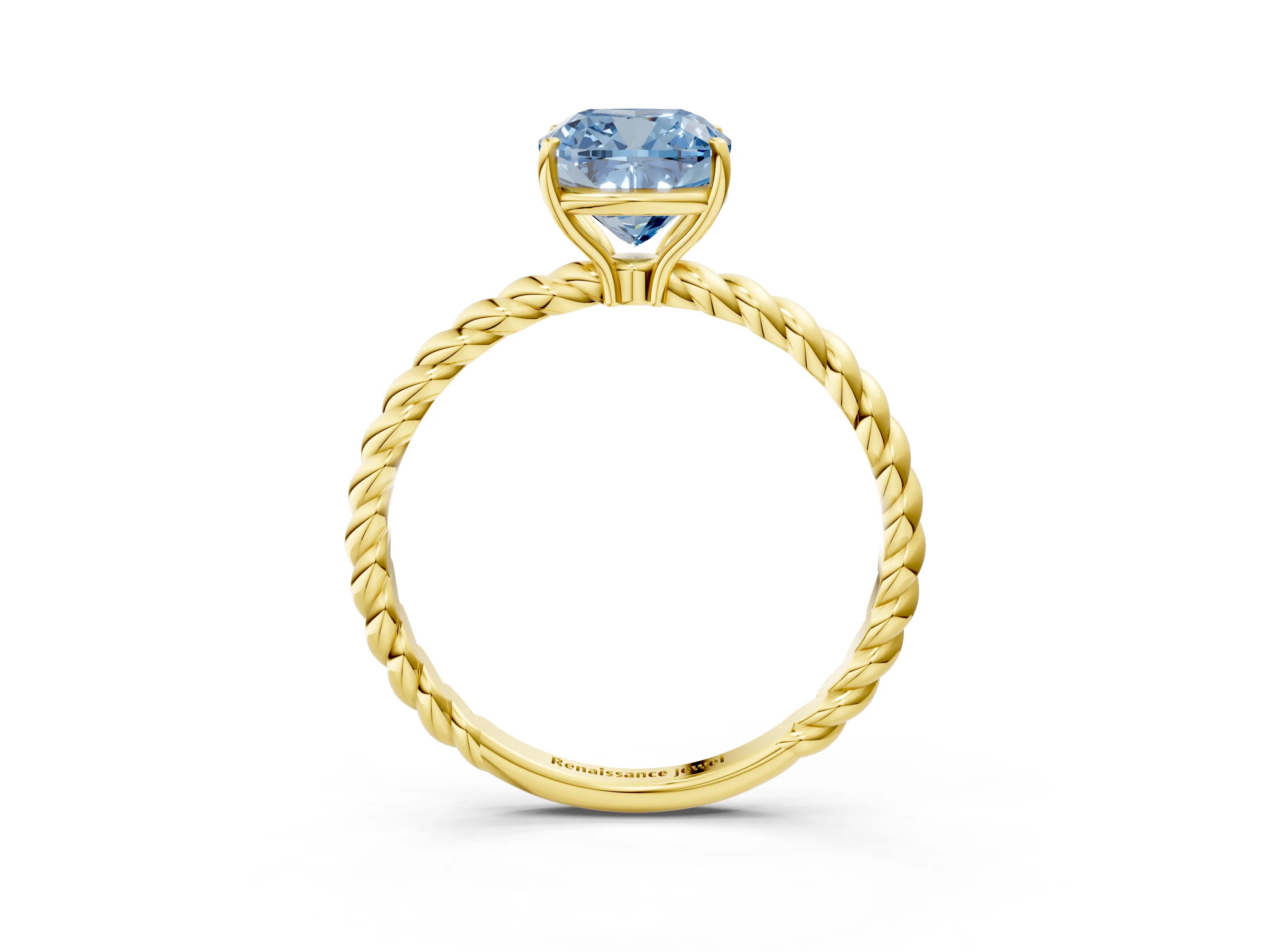 Yellow gold Fancy Blue Cushion Cut Solitaire Twisted Band 4-Prong Ring_3