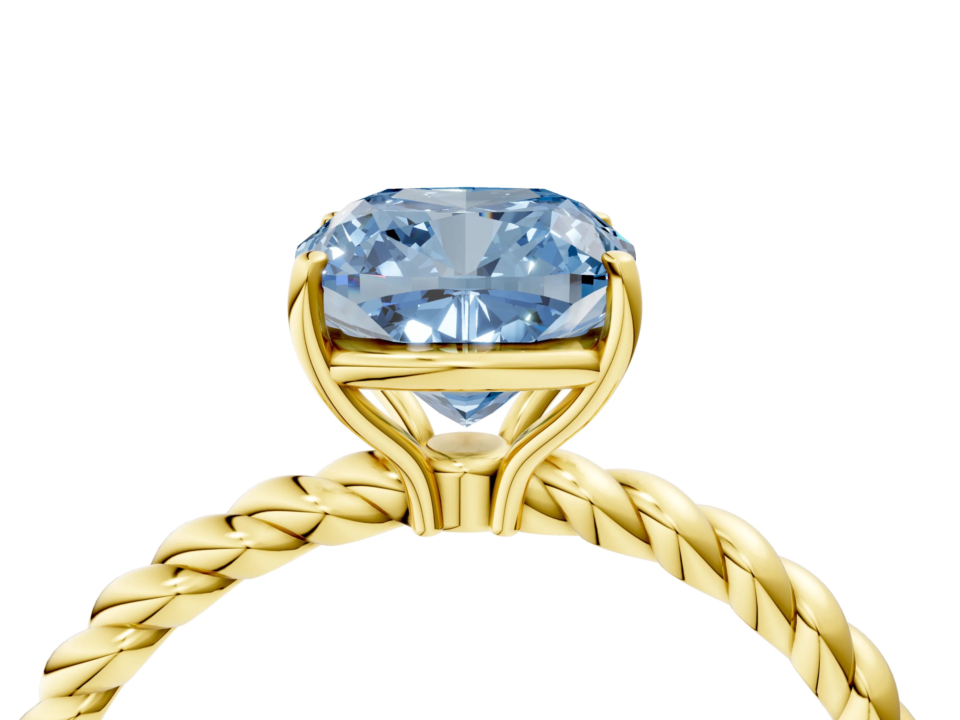 Yellow gold Fancy Blue Cushion Cut Solitaire Twisted Band 4-Prong Ring_4