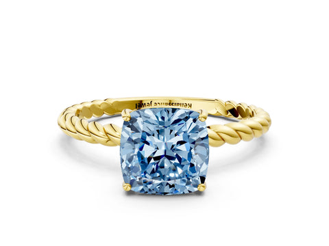 Yellow gold Fancy Blue Cushion Cut Solitaire Twisted Band 4-Prong Ring