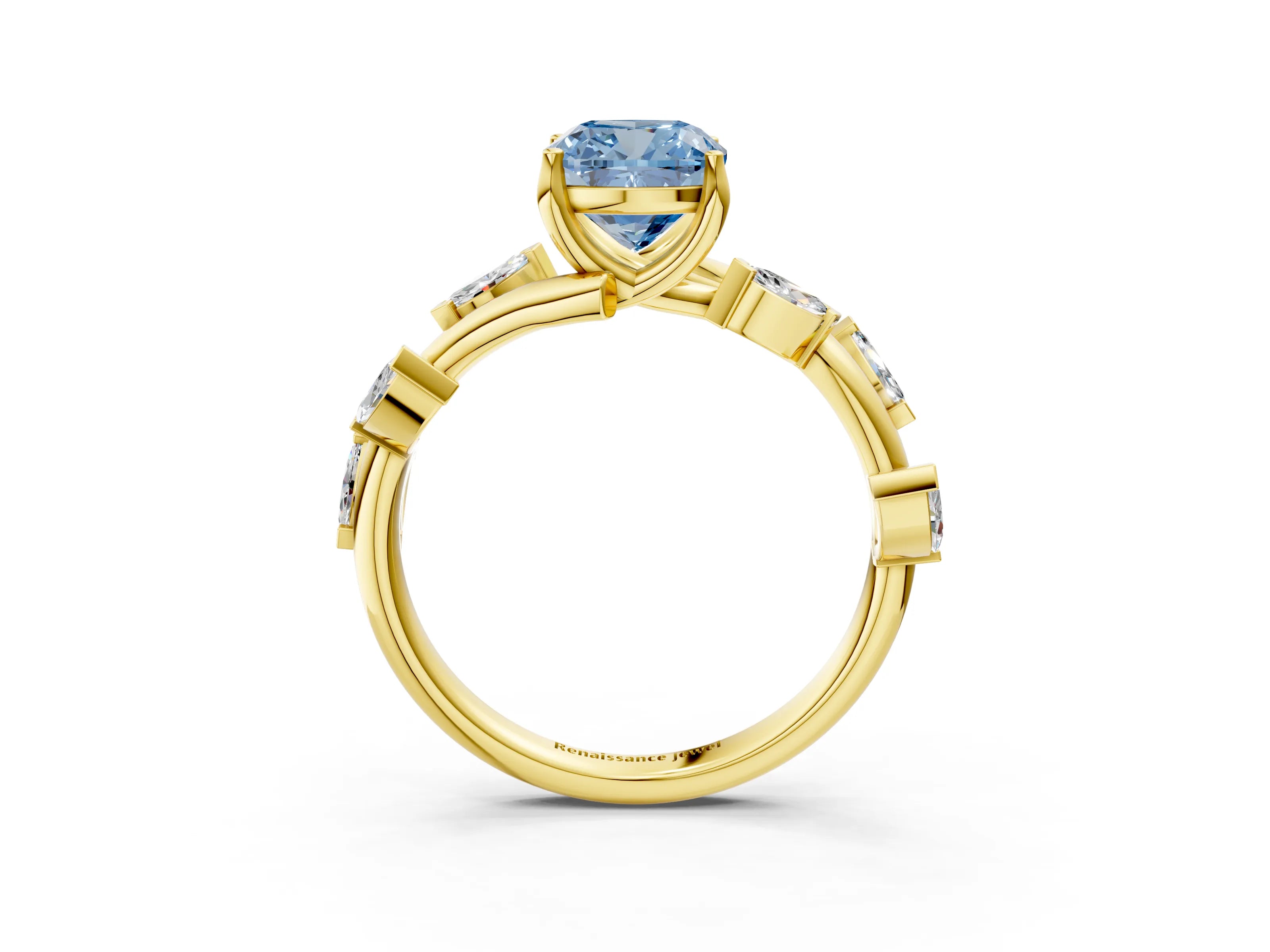 Yellow gold Fancy Blue Cushion Cut Solitaire Twisted Band Marquise Accent Prong Setting Ring_3