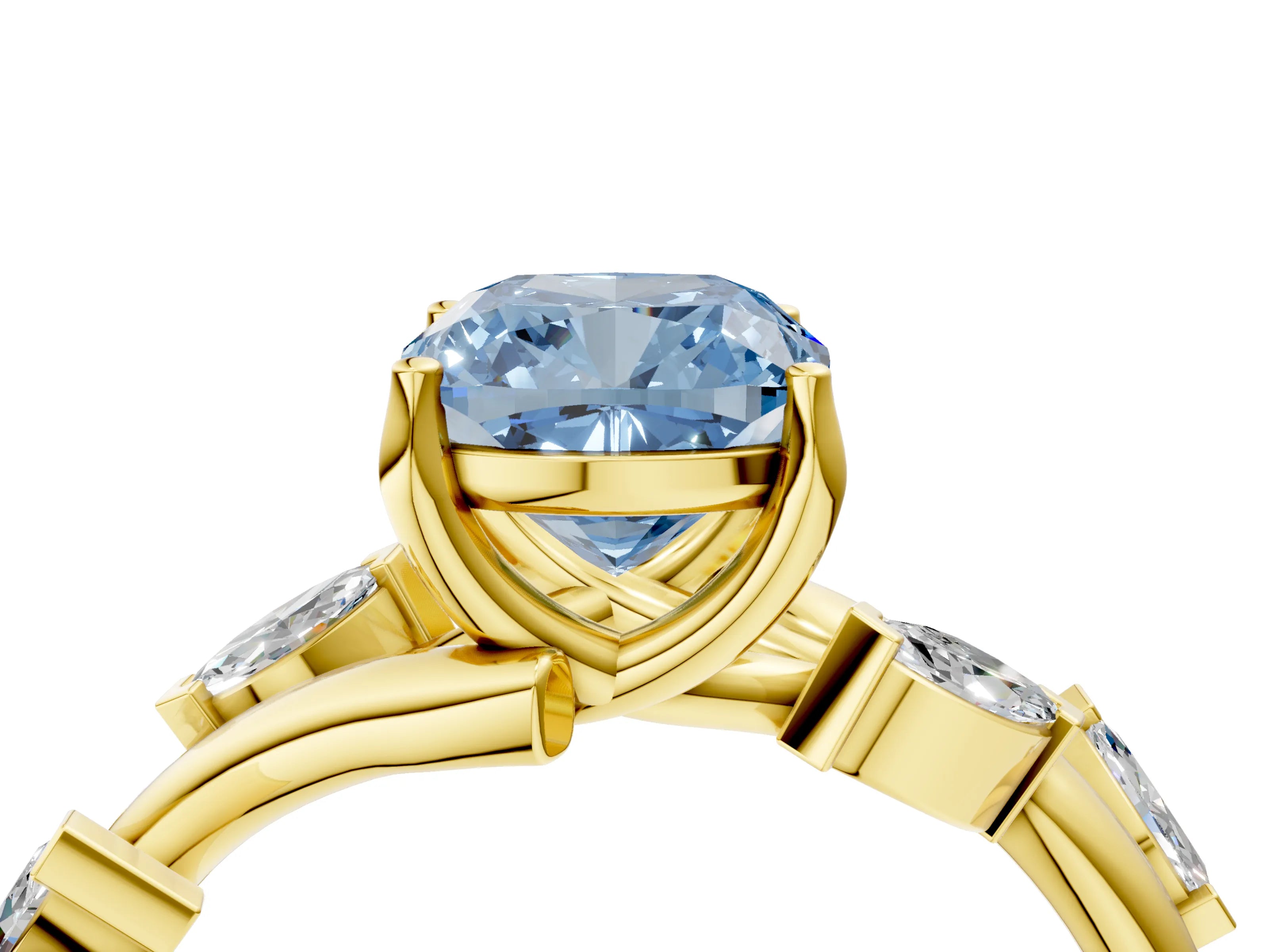 Yellow gold Fancy Blue Cushion Cut Solitaire Twisted Band Marquise Accent Prong Setting Ring_4