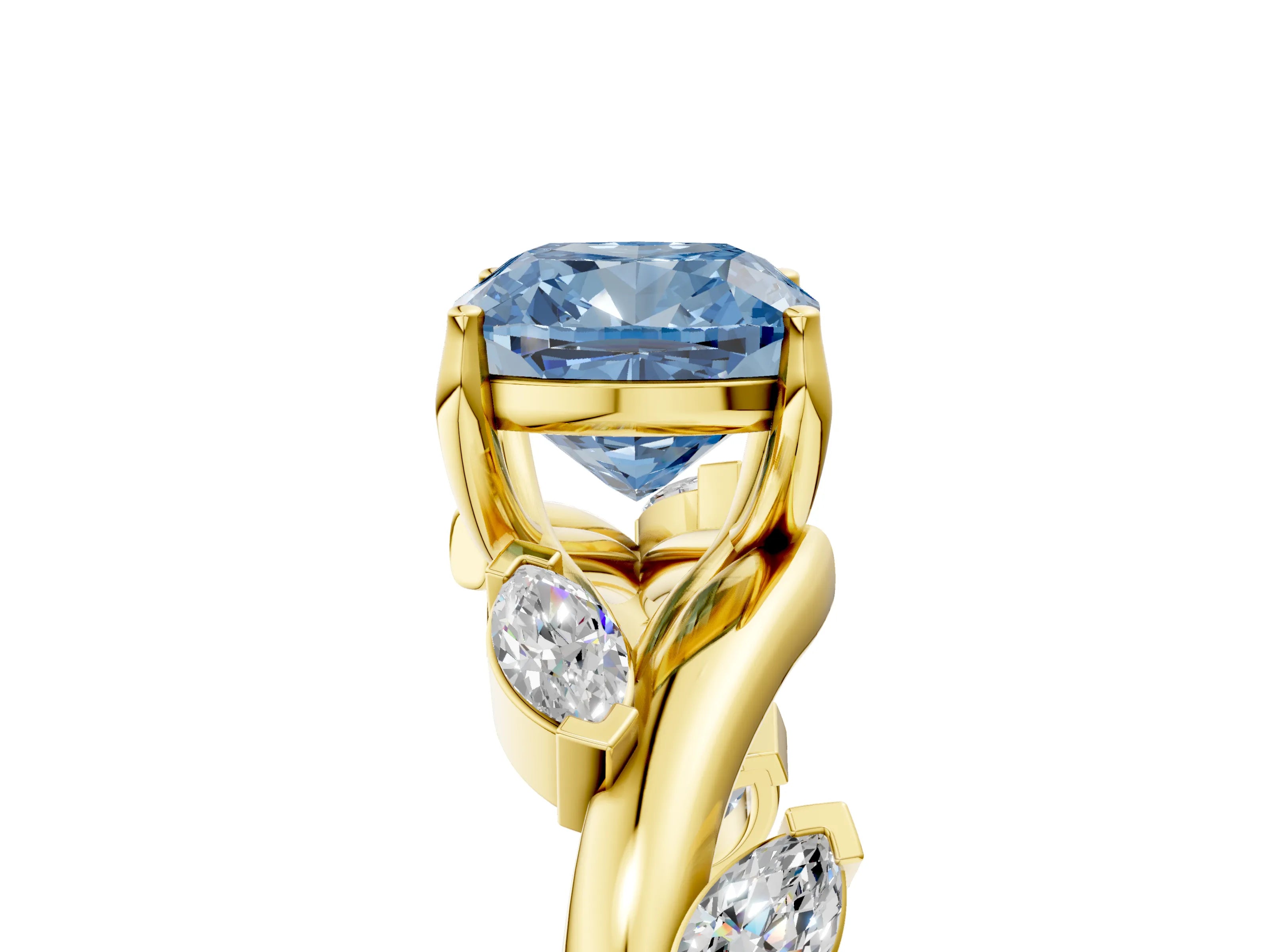 Yellow gold Fancy Blue Cushion Cut Solitaire Twisted Band Marquise Accent Prong Setting Ring_5