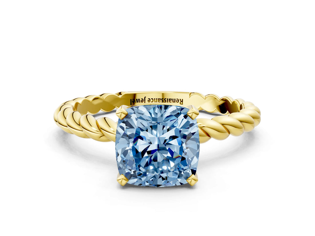 Yellow gold Fancy Blue Cushion  Cut Solitaire Twisted Band with Four-Prong Setting_83