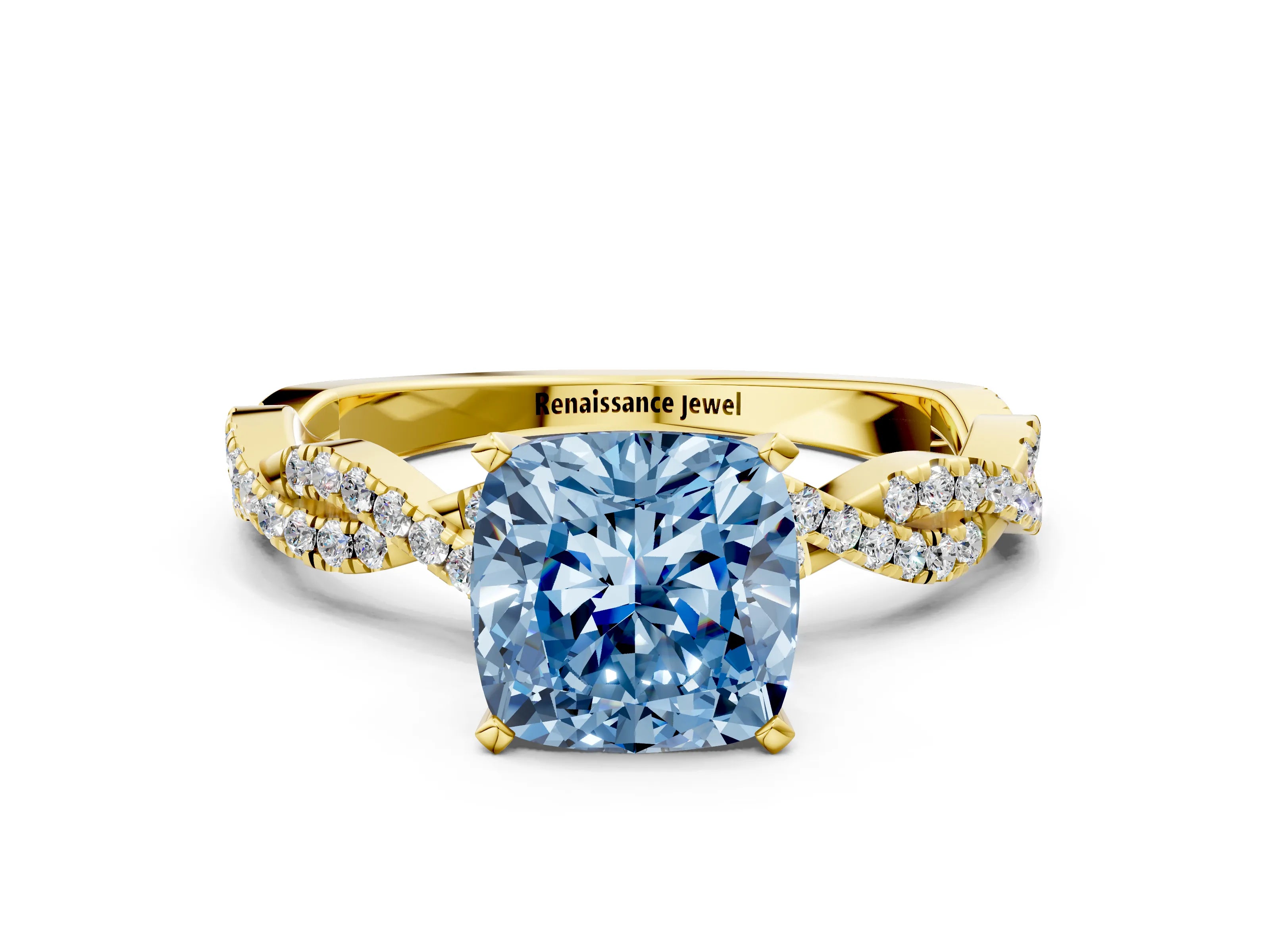 Yellow gold Fancy Blue Cushion Cut Solitaire Twisted Pave Band with Four-Prong Setting_3