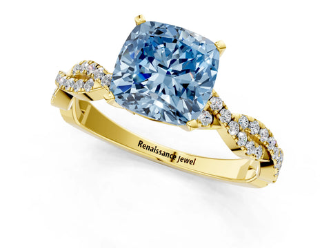 Yellow gold Fancy Blue Cushion Cut Solitaire Twisted Pave Band with Four-Prong Setting_4