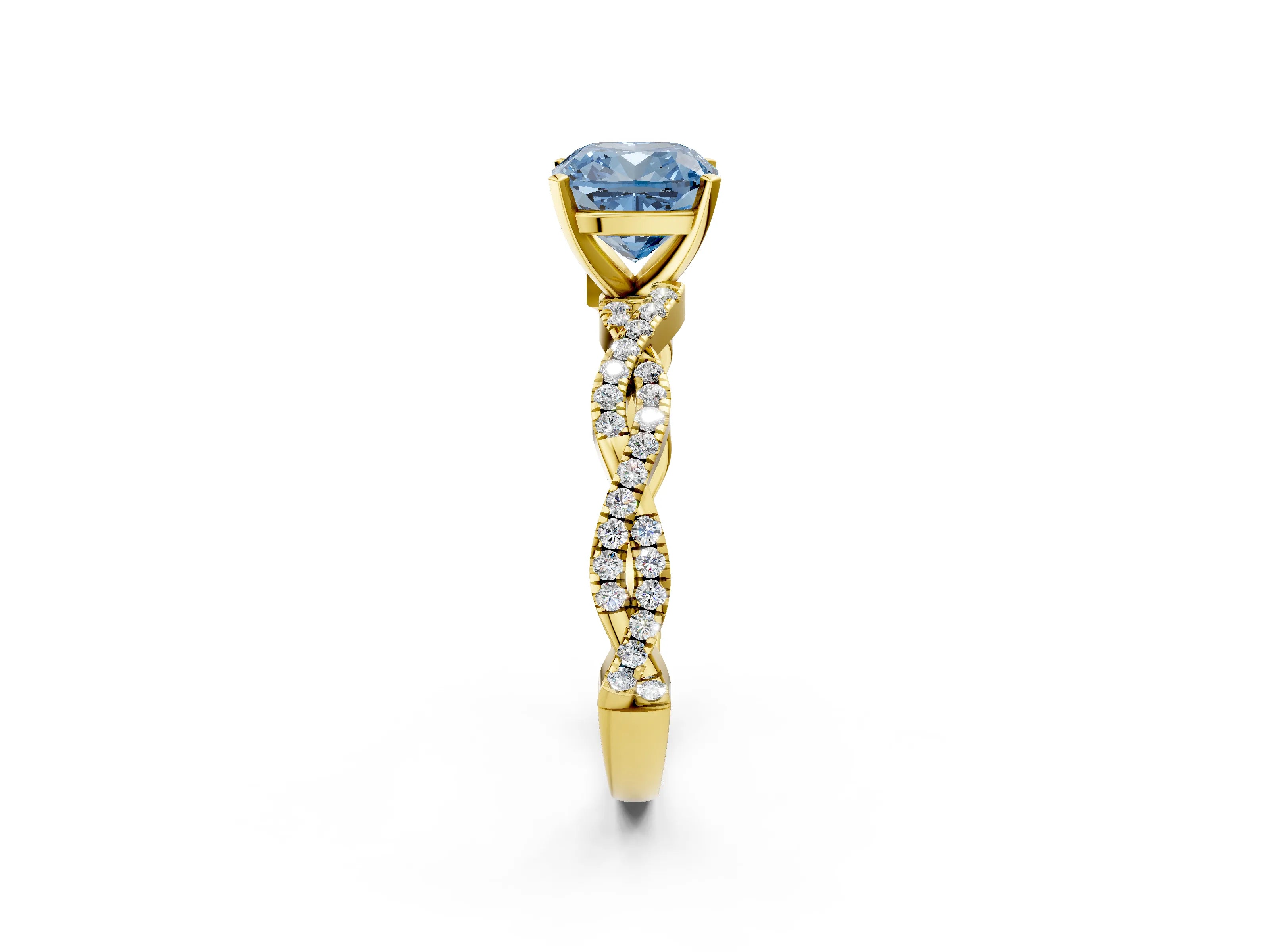 Yellow gold Fancy Blue Cushion Cut Solitaire Twisted Pave Band with Four-Prong Setting_5
