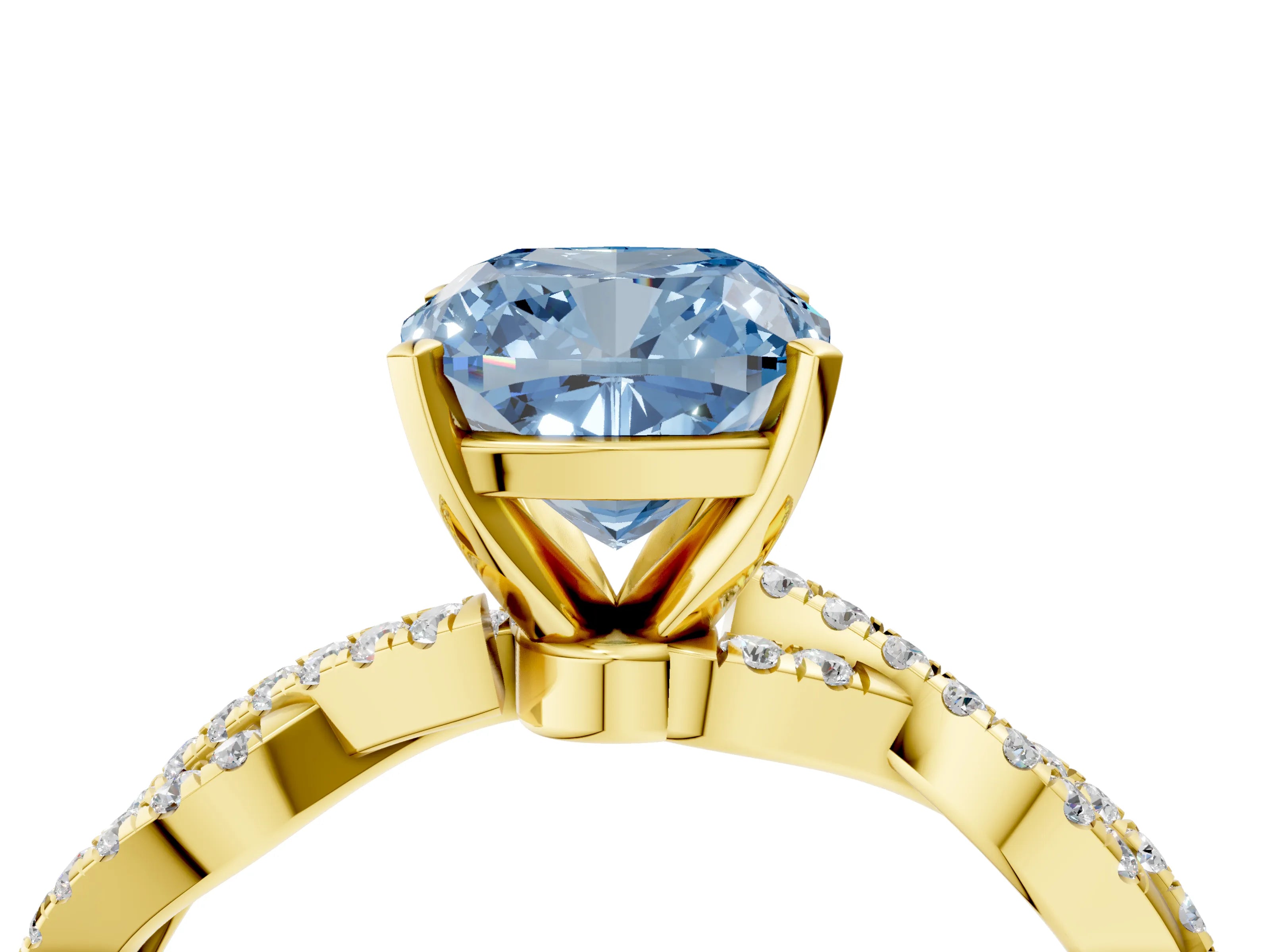 Yellow gold Fancy Blue Cushion Cut Solitaire Twisted Pave Band with Four-Prong Setting_7