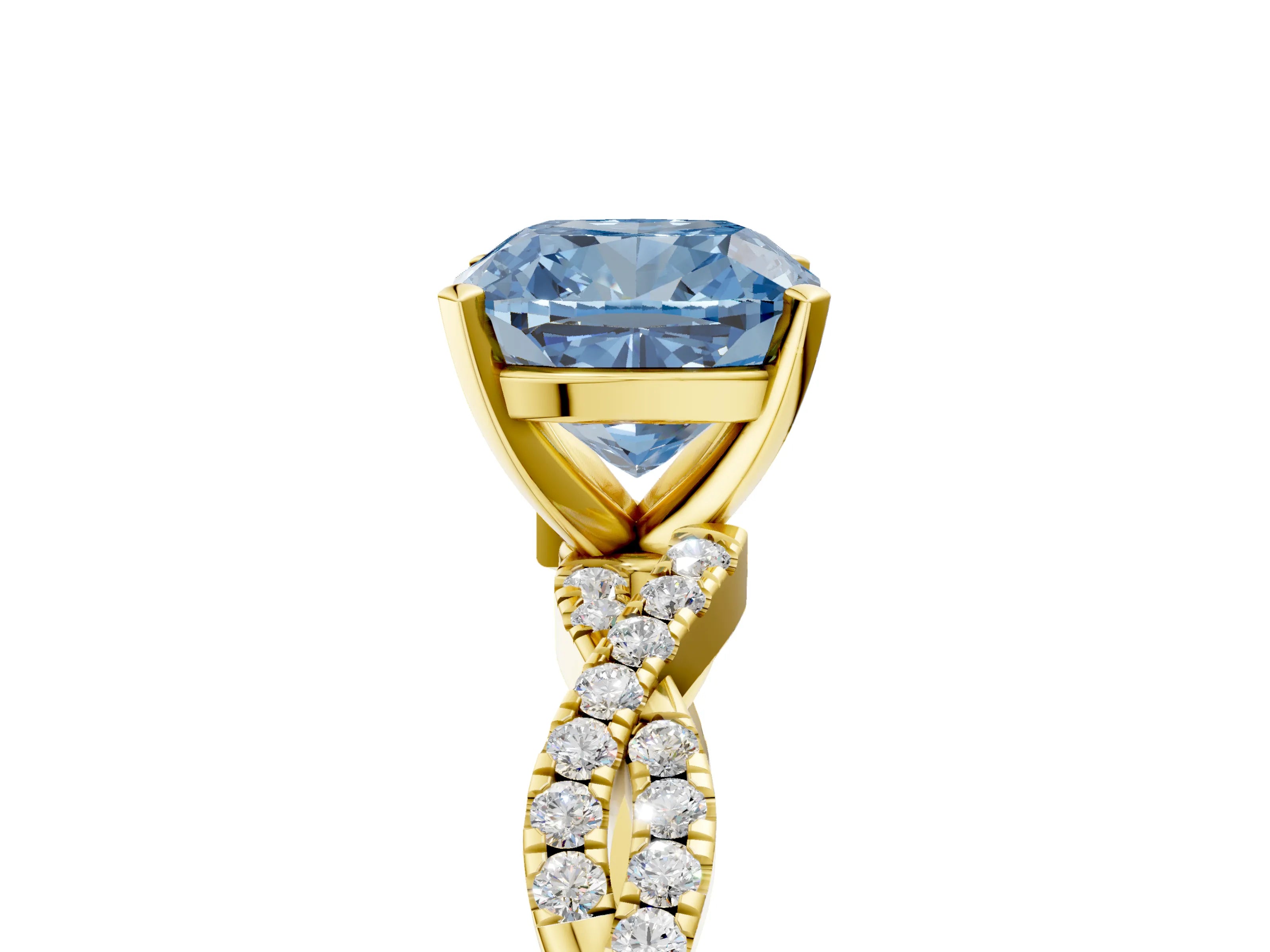 Yellow gold Fancy Blue Cushion Cut Solitaire Twisted Pave Band with Four-Prong Setting_8