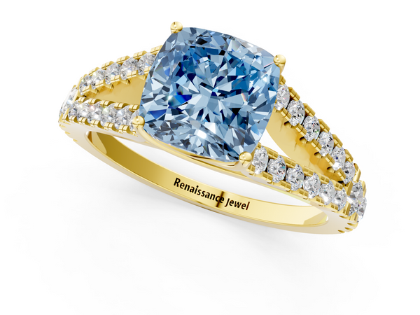 Yellow gold Fancy Blue Cushion  Cut Split Shank Pave Diamond Engagement Ring with Four-Prong Setting