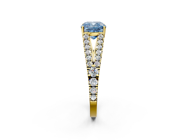 Yellow gold Fancy Blue Cushion  Cut Split Shank Pave Diamond Engagement Ring with Four-Prong Setting