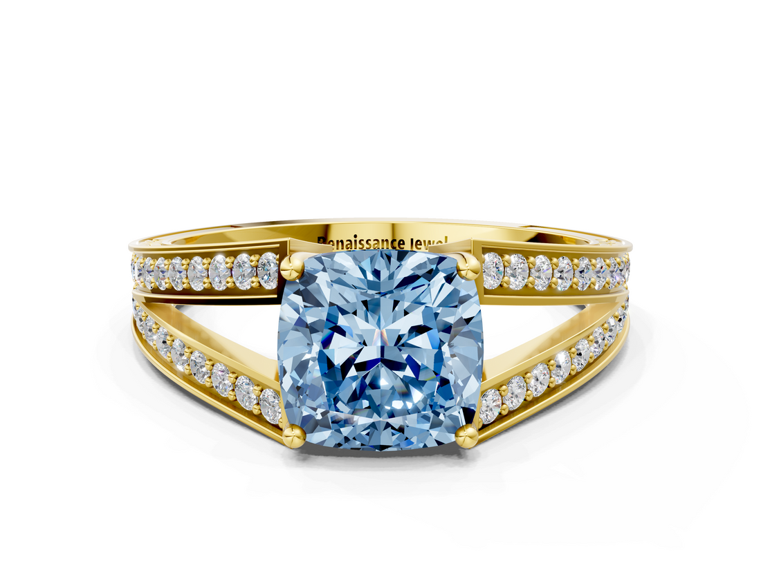 Yellow gold Fancy Blue Cushion  Cut Split Shank Pave Diamond Ring with Four-Prong Setting_27