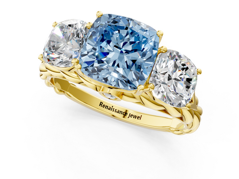 Yellow gold Fancy Blue Cushion  Cut Three-Stone Braided Band Ring with Four-Prong Setting_21