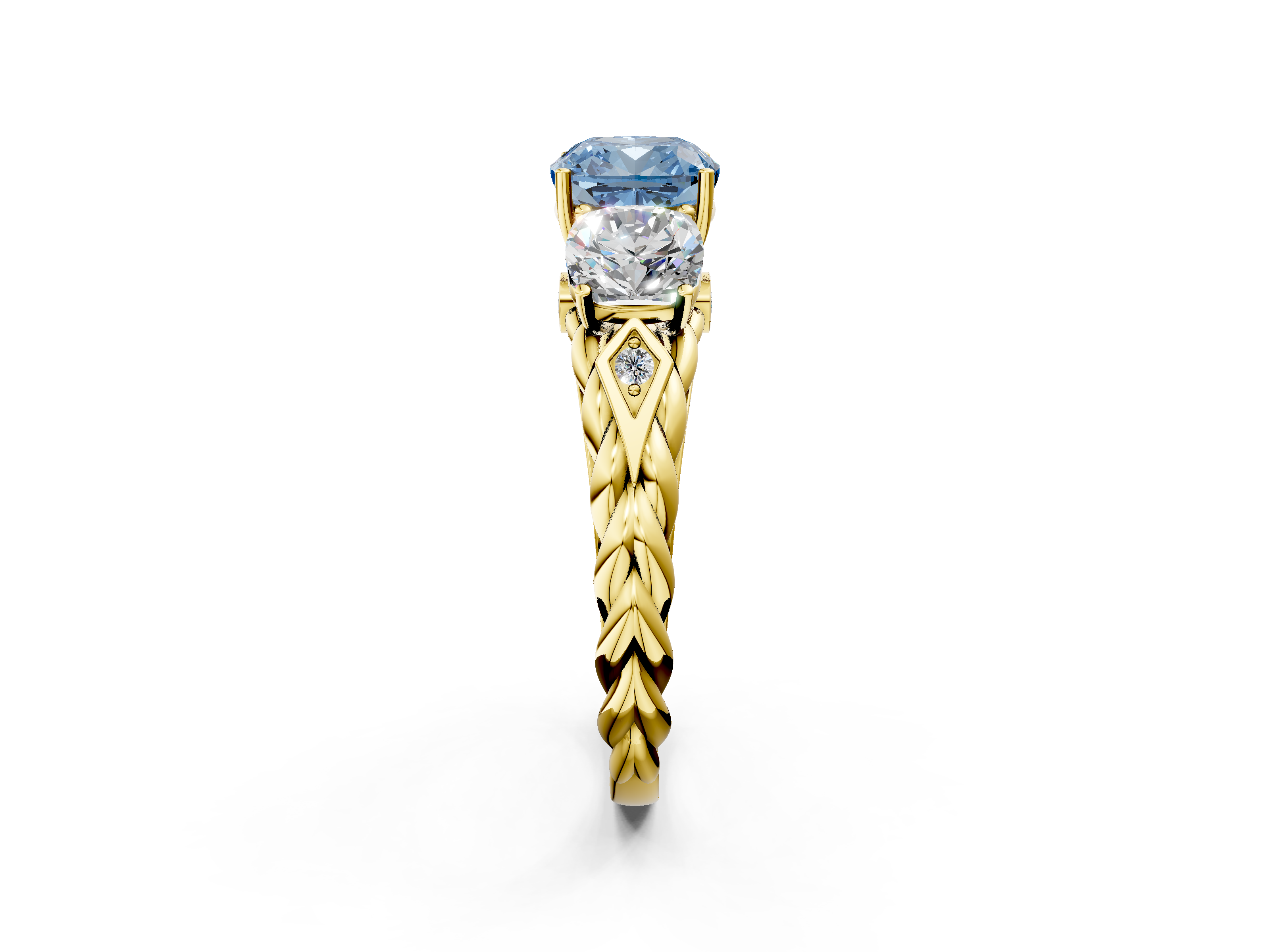 Yellow gold Fancy Blue Cushion  Cut Three-Stone Braided Band Ring with Four-Prong Setting_22